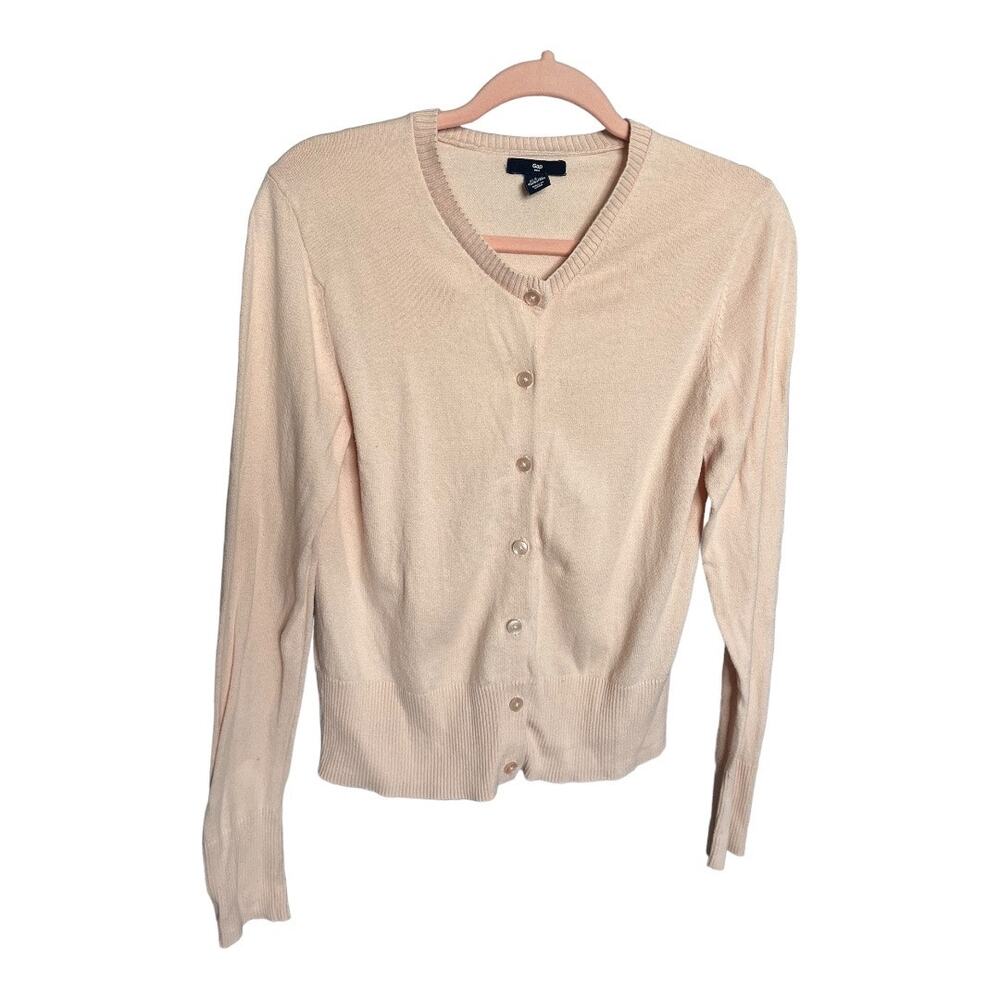 Gap light pink button up knit cardigan sweater ribbed hem 100% cotton small